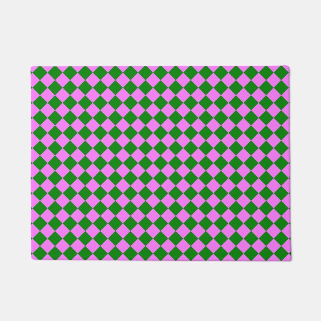 Pink Green Checker Diamond Pattern Doormat (Front)