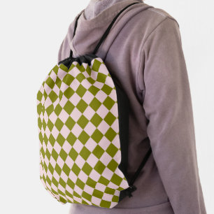 Pink Green Checker Diamond Pattern Drawstring Bag