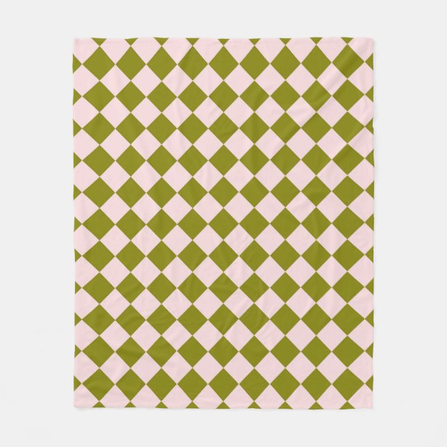 Pink Green Checker Diamond Pattern Fleece Blanket (Front)