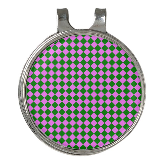 Pink Green Checker Diamond Pattern Golf Hat Clip (Front)