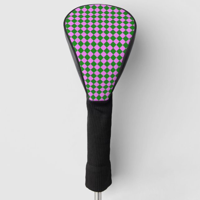 Pink Green Checker Diamond Pattern Golf Head Cover (Front)