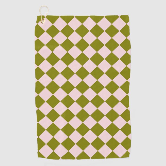 Pink Green Checker Diamond Pattern Golf Towel (Front)
