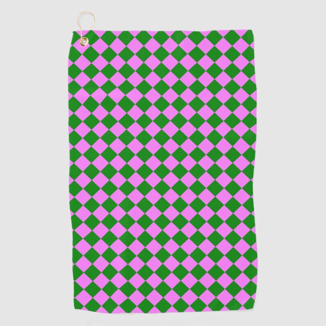 Pink Green Checker Diamond Pattern Golf Towel (Front)