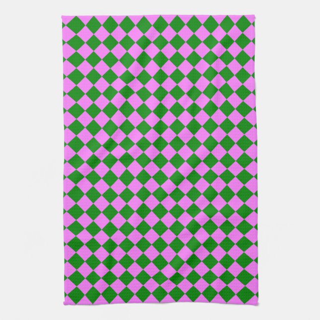 Pink Green Checker Diamond Pattern Kitchen Towel (Vertical)