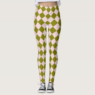 Pink Green Checker Diamond Pattern Leggings