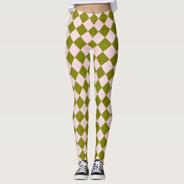 Pink Green Checker Diamond Pattern  Leggings (Front)