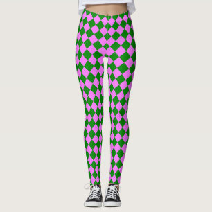 Pink Green Checker Diamond Pattern Leggings