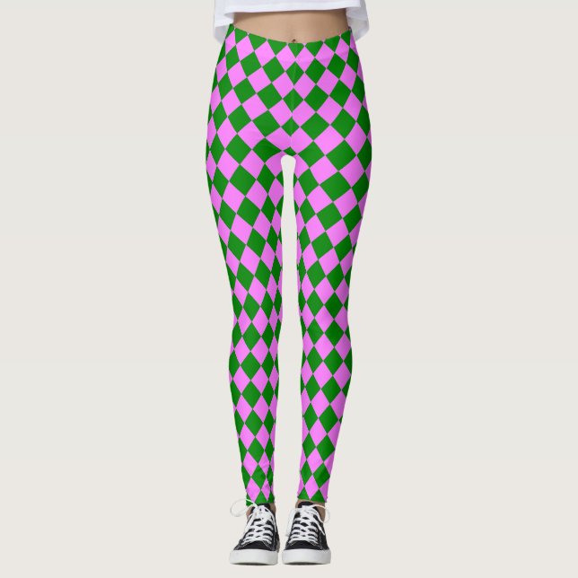Pink Green Checker Diamond Pattern Leggings (Front)