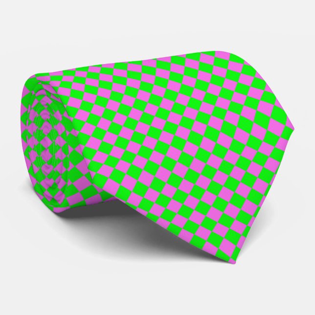 Pink Green Checker Diamond Pattern Neck Tie (Rolled)