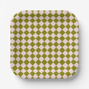 Pink Green Checker Diamond Pattern Paper Plates