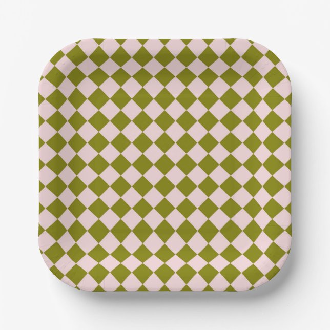 Pink Green Checker Diamond Pattern Paper Plates (Front)