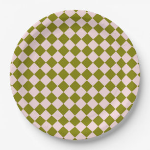 Pink Green Checker Diamond Pattern Paper Plates