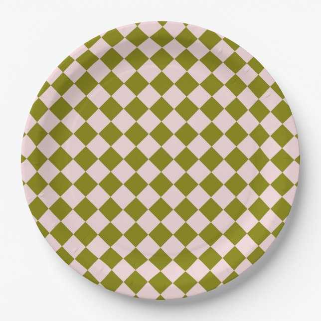 Pink Green Checker Diamond Pattern Paper Plates (Front)