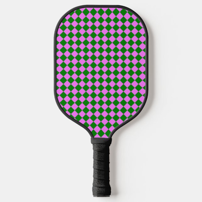 Pink Green Checker Diamond Pattern Pickleball Paddle (Front)