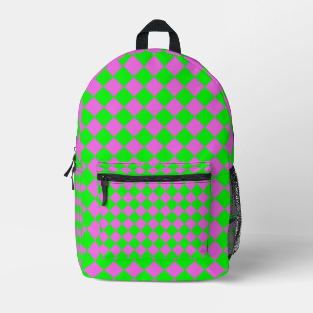 Pink Green Checker Diamond Pattern Printed Backpack (Front)