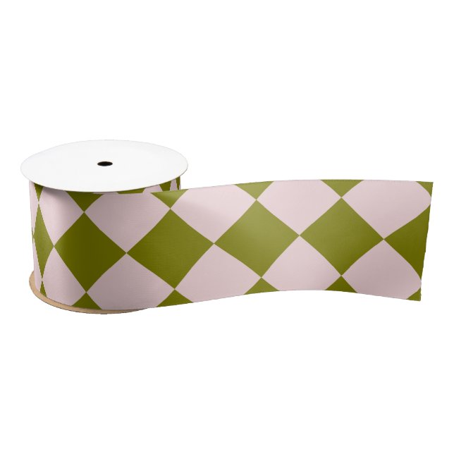 Pink Green Checker Diamond Pattern Satin Ribbon (Spool)