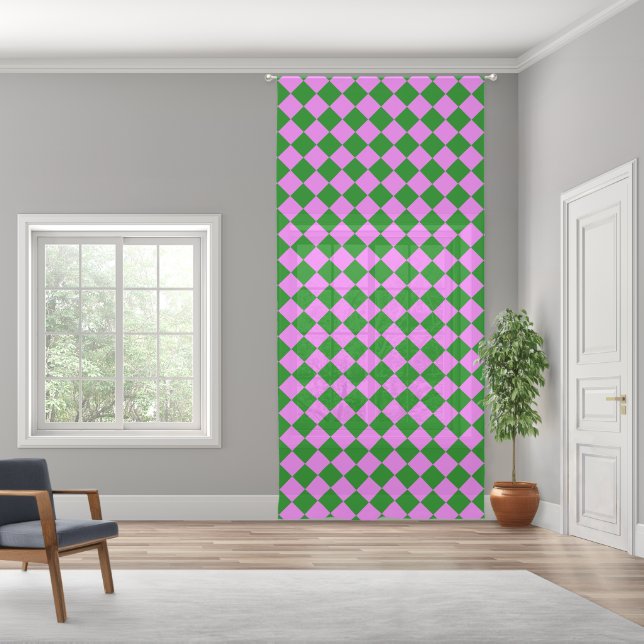 Pink Green Checker Diamond Pattern Sheer Curtains (Wide)