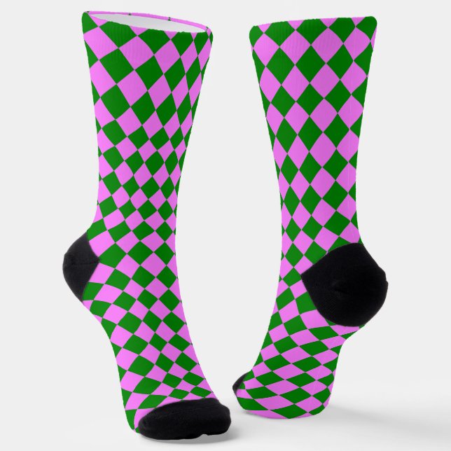 Pink Green Checker Diamond Pattern Socks (Angled)