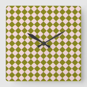 Pink Green Checker Diamond Pattern Square Wall Clock