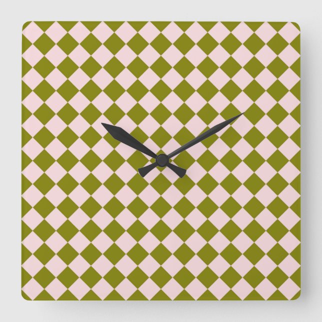 Pink Green Checker Diamond Pattern Square Wall Clock (Front)