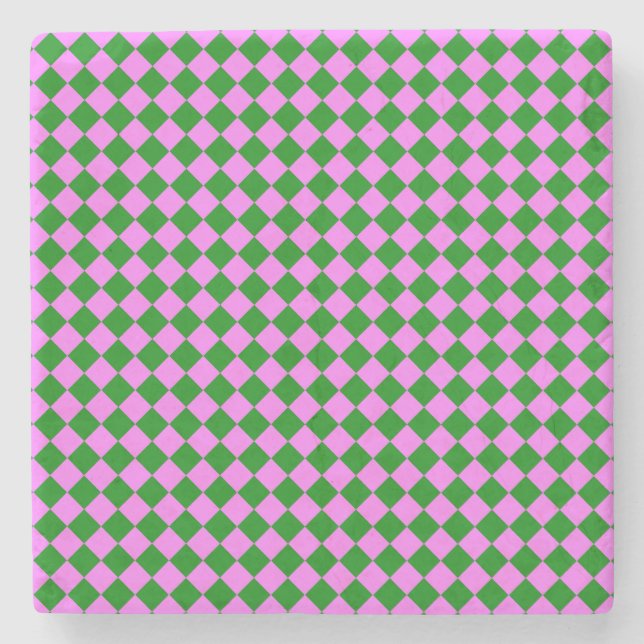 Pink Green Checker Diamond Pattern Stone Coaster (Front)