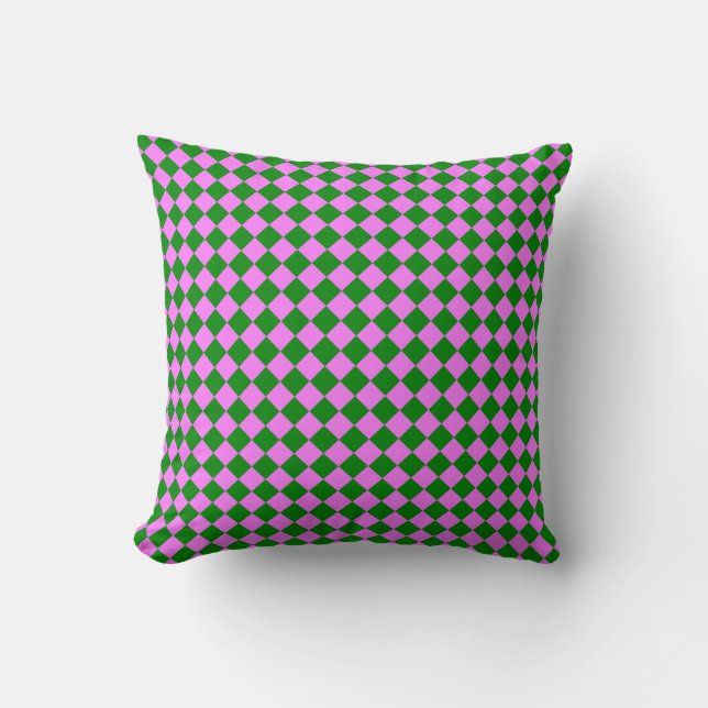 Pink Green Checker Diamond Pattern Throw Pillow (Front)