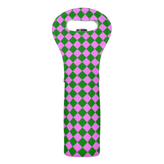 Pink Green Checker Diamond Pattern Wine Bag (Front)