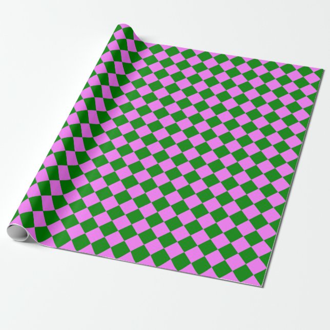 Pink Green Checker Diamond Pattern Wrapping Paper (Unrolled)