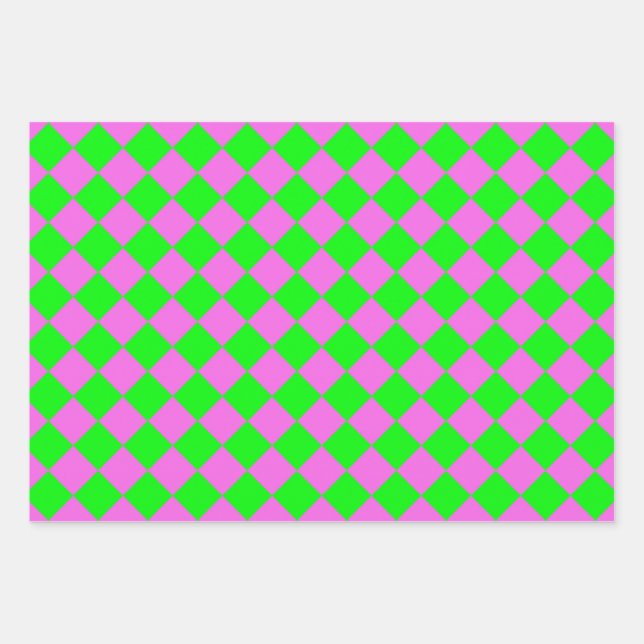 Pink Green Checker Diamond Pattern Wrapping Paper Sheets (Front)