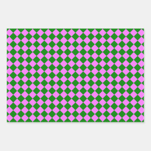 Pink Green Checker Diamond Pattern Wrapping Paper Sheets