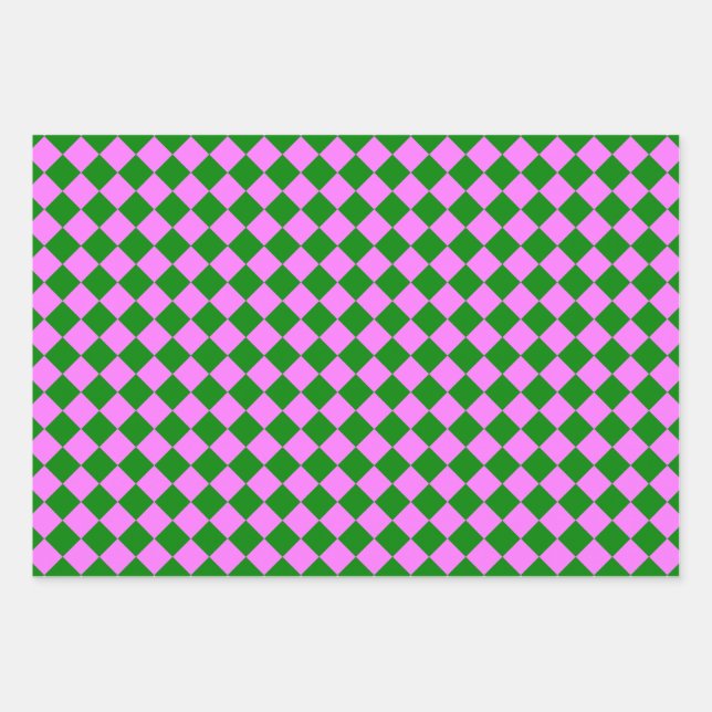 Pink Green Checker Diamond Pattern Wrapping Paper Sheets (Front)