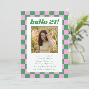Pink Green Checker Photo Hello 21 Birthday Party Invitation