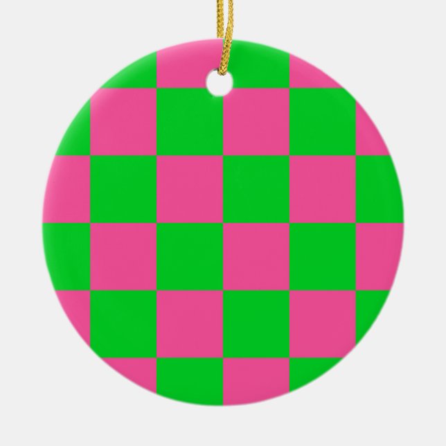 Pink Green Checkered Check Pattern Ceramic Ornament (Front)