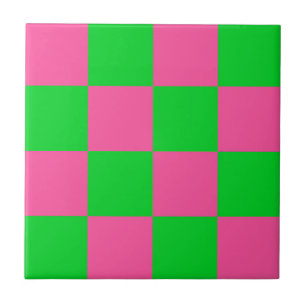 Pink Green Checkered Check Pattern Ceramic Tile