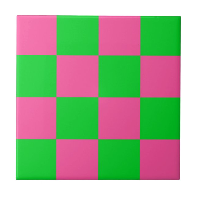 Pink Green Checkered Check Pattern Ceramic Tile (Front)