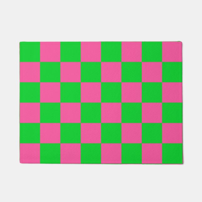 Pink Green Checkered Check Pattern Doormat (Front)