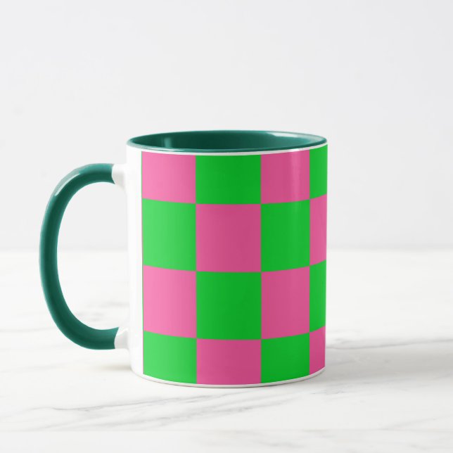 Pink Green Checkered Check Pattern Mug (Left)