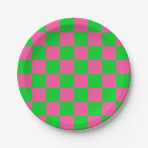 Pink Green Checkered Check Pattern Paper Plates