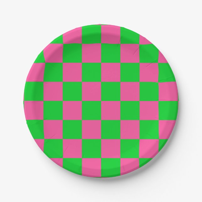 Pink Green Checkered Check Pattern Paper Plates (Front)