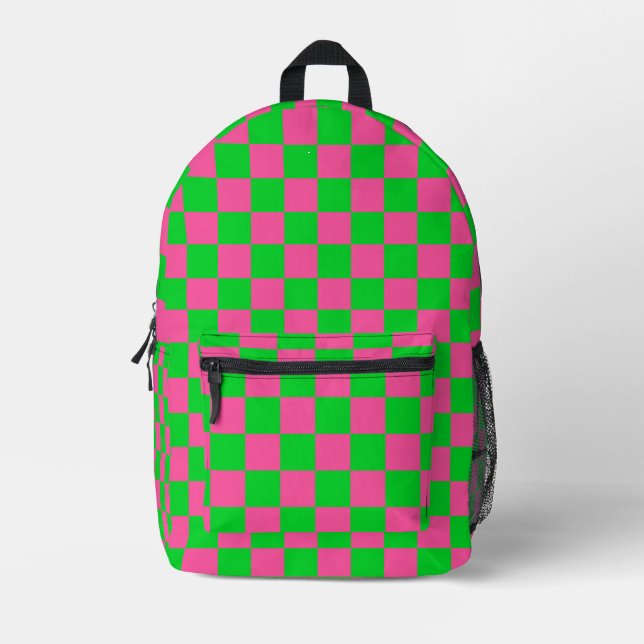 Pink Green Checkered Check Pattern Printed Backpack (Front)