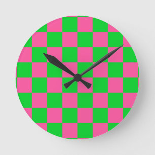 Pink Green Checkered Check Pattern Round Clock