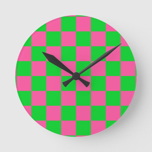 Pink Green Checkered Check Pattern Round Clock (Front)