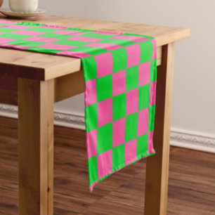 Pink Green Checkered Check Pattern Short Table Runner