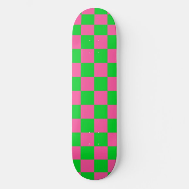 Pink Green Checkered Check Pattern Skateboard (Front)