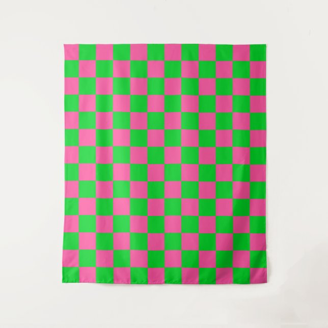 Pink Green Checkered Check Pattern Tapestry (Front)
