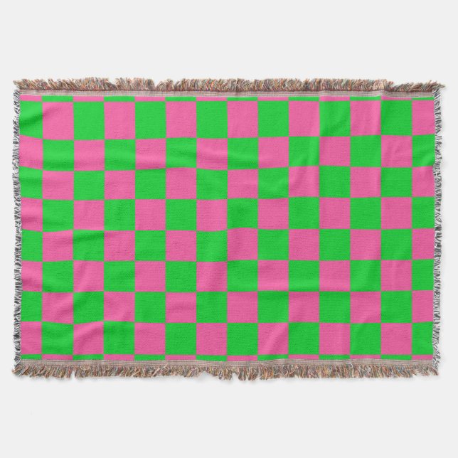 Pink Green Checkered Check Pattern Throw Blanket (Front)