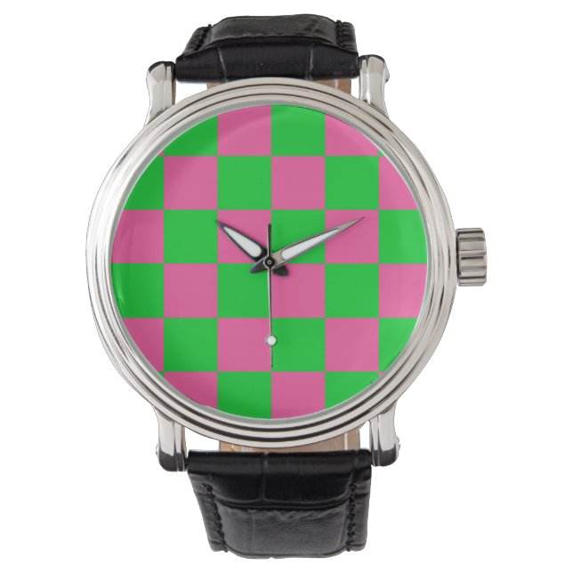 Pink Green Checkered Check Pattern Watch (Front)