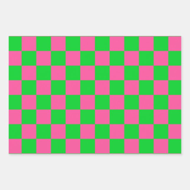 Pink Green Checkered Check Pattern Wrapping Paper Sheets (Front)