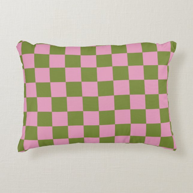 Pink Green Checkered Gingham Pattern Accent Pillow (Front)