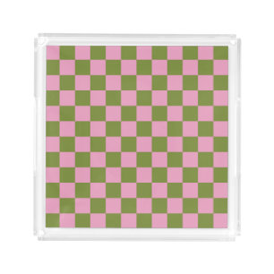 Pink Green Checkered Gingham Pattern Acrylic Tray